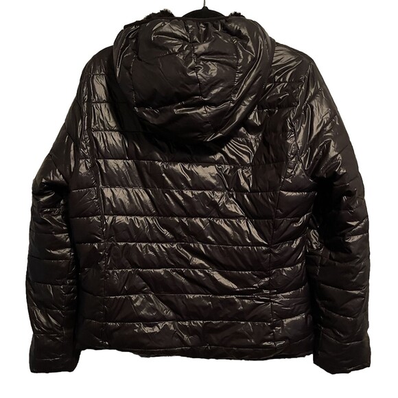 ANDREW MARC Puffer Jacket Womens Medium Black Faux Fur Lined Hood Reversible - Picture 2 of 7